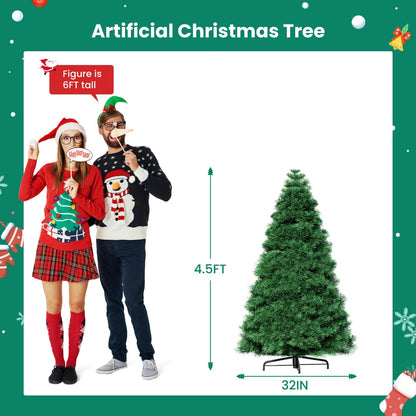 Pre-lit Artificial Christmas Tree, Prelighted Green Artificial Hinged Spruce Xmas Tree With 347 Branch Tips, 120 Incandescent Lights